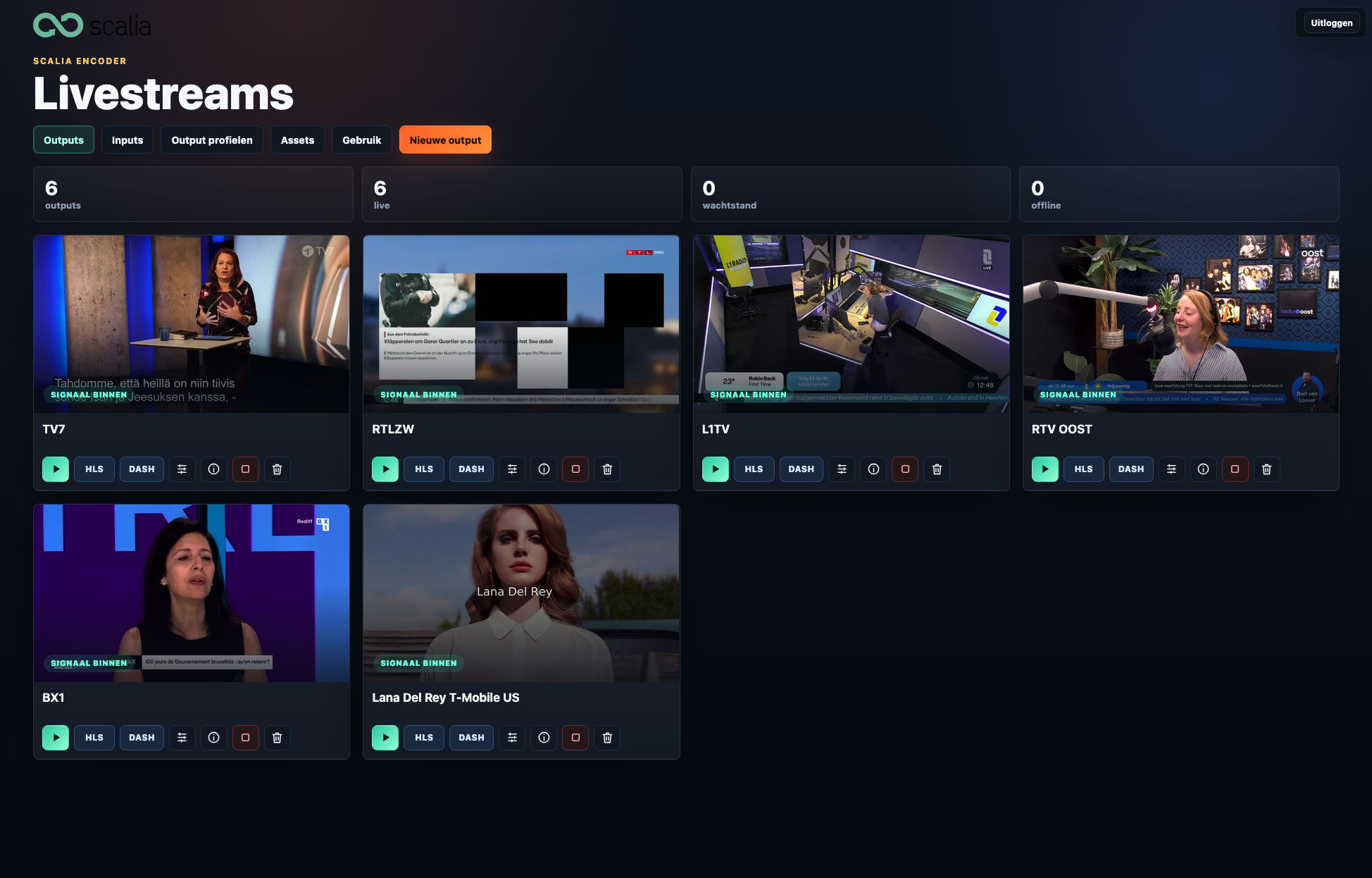 Scalia Encoder livestreaming dashboard met outputs, live status en stream previews